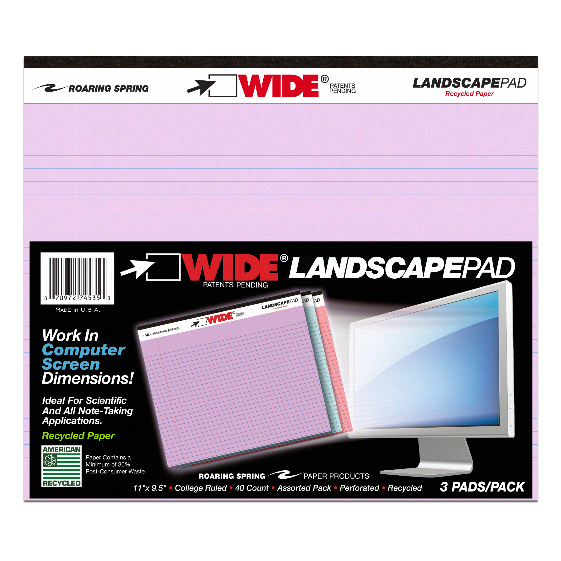 LANDSCAPE PAD ASSORTED 3/PK 11"x9.5" RULED Legal Pads Roaring