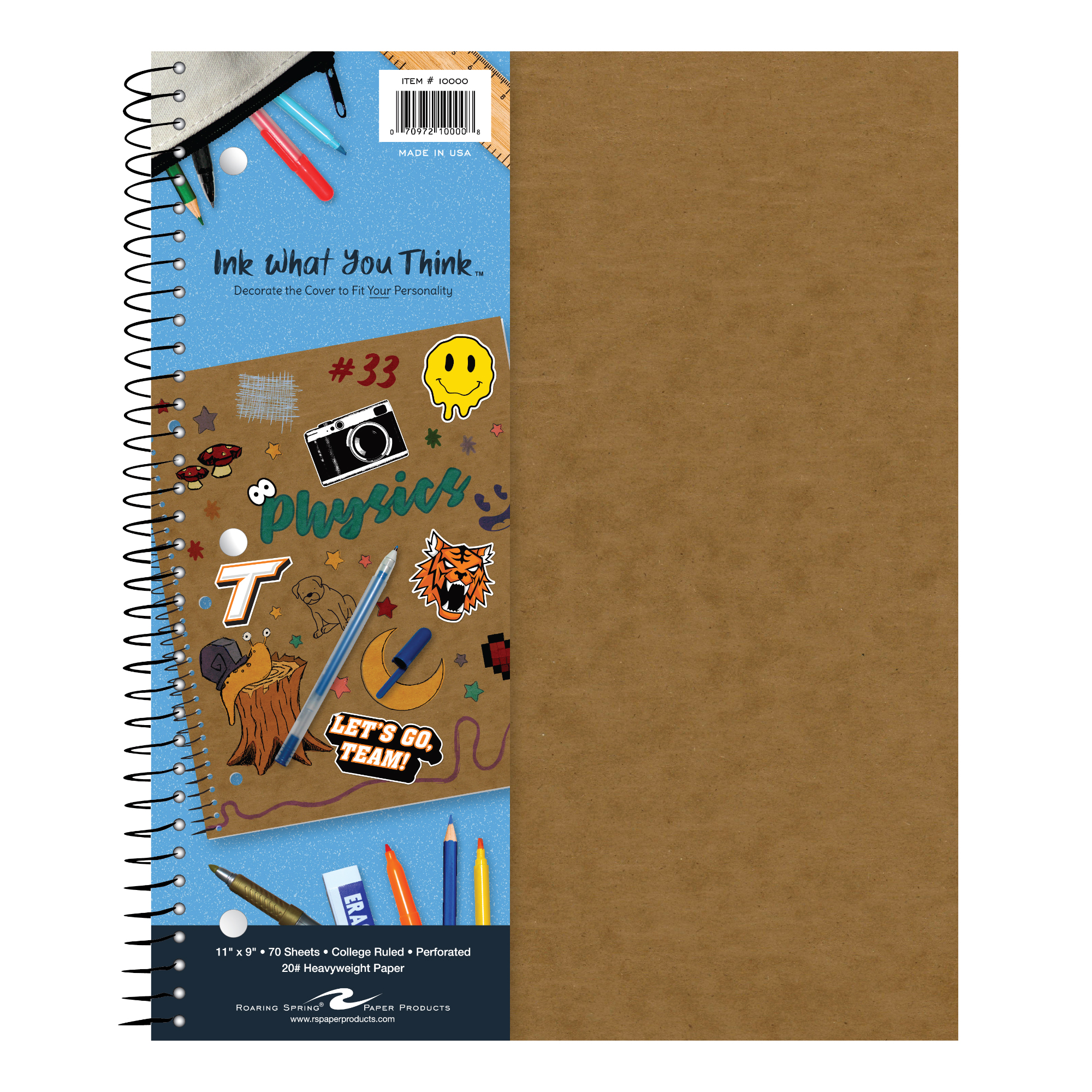 Ink What You Think™ One Subject Notebook, College Ruled, 11" x 9", 70 Sheets, Brown Board Cover - Make It Your Own!