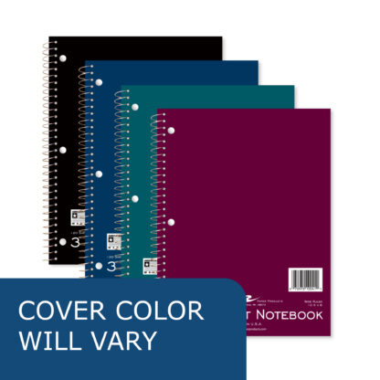 Three Subject Wirebound Notebook, Wide Ruled, 10.5" x 8" , 120 Sheets, Assorted Jewel Tone Covers