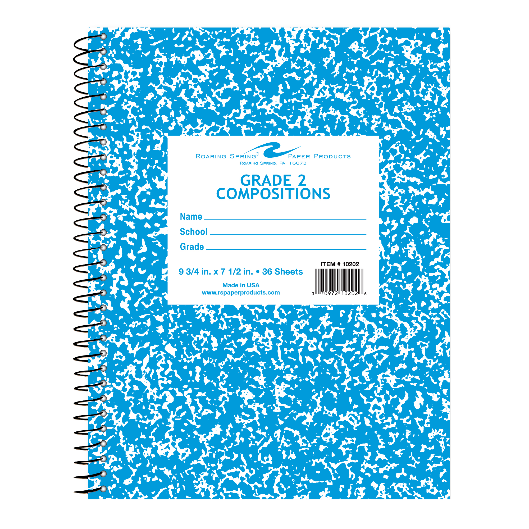 Grade 2 Wirebound Composition Book, 9.75" x 7.5", 36 Sheets, Blue Marble Cover (Grade 2)