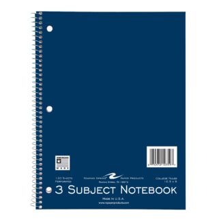 College Ruled Three Subject Spiral Notebook, 3 Hole Punched, Perforated
