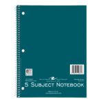 Five Subject Wirebound Notebook, College Ruled, 10.5" x 8", 180 Sheets, Assorted Jewel Tone Covers