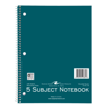 Five Subject Wirebound Notebook, College Ruled, 10.5" x 8", 180 Sheets, Assorted Jewel Tone Covers