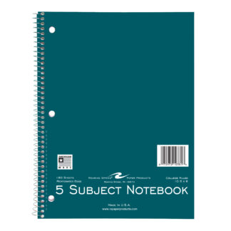 College Ruled Five Subject Spiral Notebook, 3 Hole Punched, Perforated