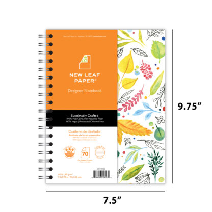 New Leaf Paper® 100% Recycled, Sustainably Designed, Small Wirebound Notebook, 9.75” x 7.5", 70 sheets, Leaves Design