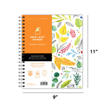 New Leaf Paper® 100% Recycled, Sustainably Designed, Large Wirebound Notebook, 11" x 9", 70 Sheets, Leaves Design