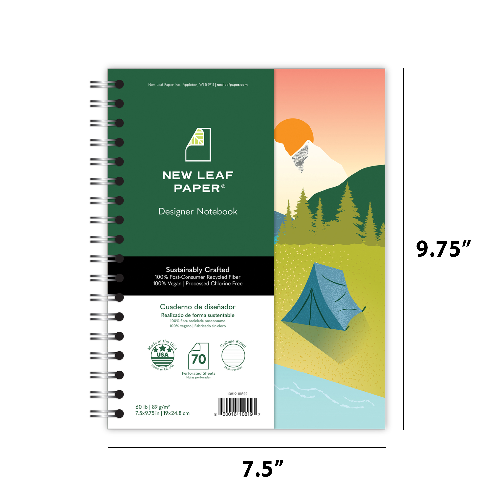 New Leaf Paper® 100% Recycled, Sustainably Designed, Small Wirebound Notebook, 9.75” x 7.5", 70 sheets, Camping Design