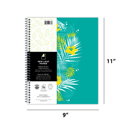 New Leaf Paper® Habitat Series™ 100% Recycled, Sustainably Designed One Subject Notebook, College Ruled, 11" x 9", 70 Sheets, Tropical