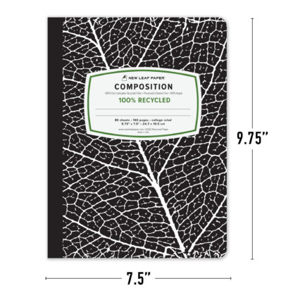 New Leaf Paper® 100% Recycled, Sustainably Designed Composition Book, 9.75” x 7.5", 80 sheets/160 Pages, Black Leaf Cover