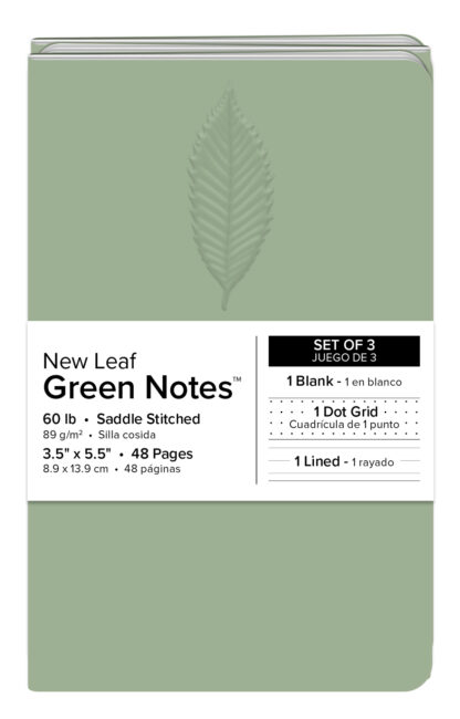 New Leaf Paper® 100% Recycled, Sustainably Designed Green Notes™, Blank/Lined/Dotted Pages, 5.5" x 3.5", 24 Sheets, Assorted Embossed Green Covers