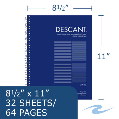 Descant™ Staff & College Ruled Multi-Format Manuscript Music Wirebound Notebook, 11" x 8.5", 32 sheets, Premium 60 lb Cream Paper