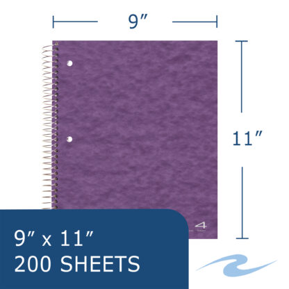 Four Subject Wirebound Notebook with 4 double pockets, College Ruled, 11" x 9", 200 Sheets, Assorted Covers