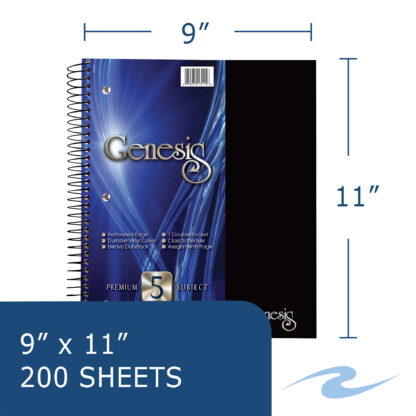 Genesis Five Subject Wirebound Notebook, College Ruled, 11" x 9", 200 Sheets, Assorted Covers