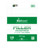 BioBased Recycled Loose Leaf Filler Paper, USDA Certified, College Ruled, 11" x 8.5", 170 Sheets of White Paper