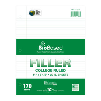 BioBased Recycled Loose Leaf Filler Paper, USDA Certified, College Ruled, 11" x 8.5", 170 Sheets of White Paper