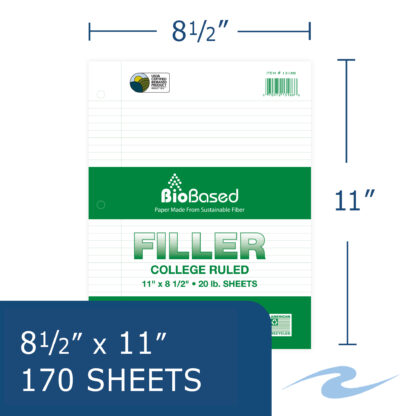 BioBased Recycled Loose Leaf Filler Paper, USDA Certified, College Ruled, 11" x 8.5", 170 Sheets of White Paper