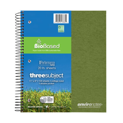 Environotes® Recycled Three Subject Wirebound Notebook with Heavyweight BioBased Paper, 11" x 9", 120 Sheets of 20 lb Paper, Assorted Earthtone Covers