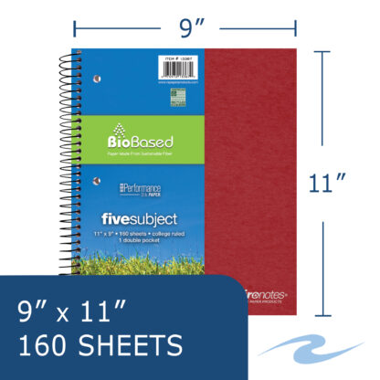 Environotes® Recycled Five Subject Wirebound Notebook with Heavyweight BioBased Paper, 11" x 9", 160 Sheets of 20 lb Paper, Assorted Earthtone Covers