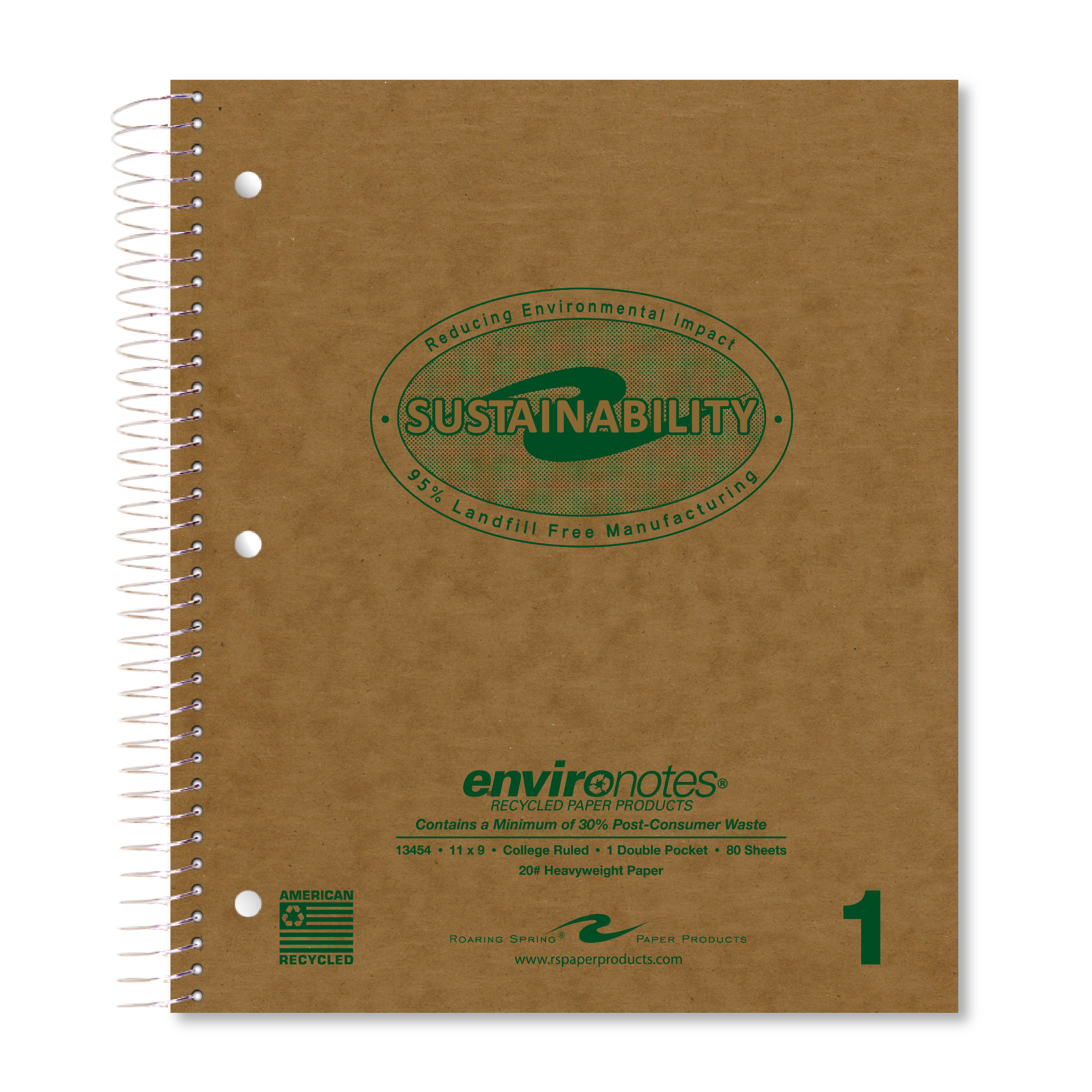 Environotes® Recycled One Subject Wirebound Notebook with Heavyweight Paper with Double Pocket, 11" x 9", 80 Sheets of 20 lb Paper,  Recycled Brown Cover