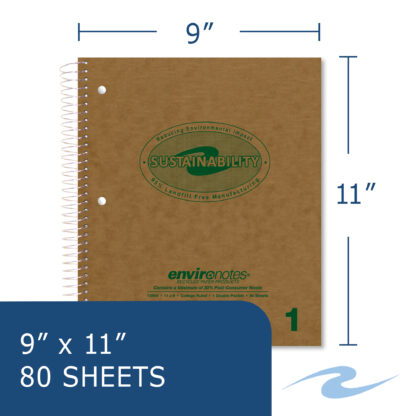 Environotes® Recycled One Subject Wirebound Notebook with Heavyweight Paper with Double Pocket, 11" x 9", 80 Sheets of 20 lb Paper,  Recycled Brown Cover