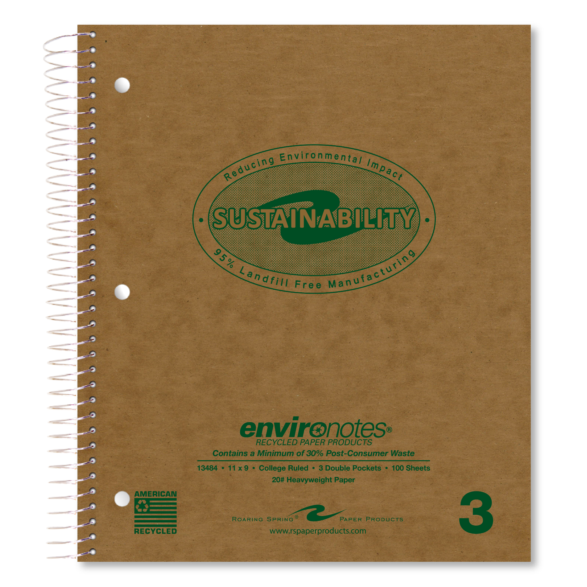 Environotes® Recycled Three Subject Wirebound Notebook with Heavyweight Paper and Three Double Pockets, 11" x 9", 100 Sheets of 20 lb Paper, Recycled Brown Cover