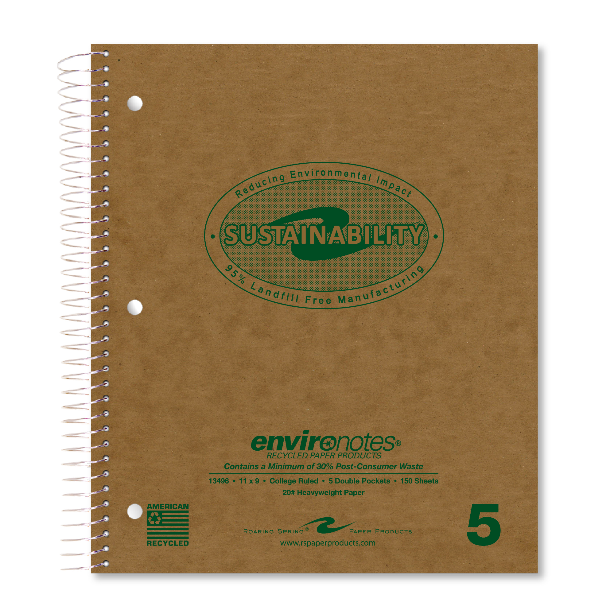 Environotes® Recycled Five Subject Wirebound Notebook with Heavyweight Paper and Five Double Pockets, 11" x 9", 150 Sheets of 20 lb Paper, Recycled Brown Cover