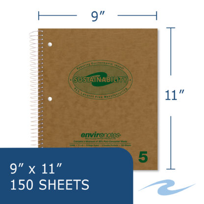 Environotes® Recycled Five Subject Wirebound Notebook with Heavyweight Paper and Five Double Pockets, 11" x 9", 150 Sheets of 20 lb Paper, Recycled Brown Cover