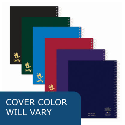 Lefty Three Subject Left Handed Wirebound Notebook, College Ruled, 11" x 9", 120 Sheets, Assorted Covers