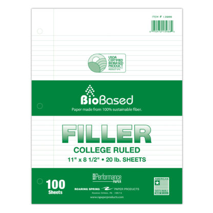 BioBased Recycled Loose Leaf Filler Paper, USDA Certified, 11" x 8.5", 100 Sheets, College Ruled, White Paper