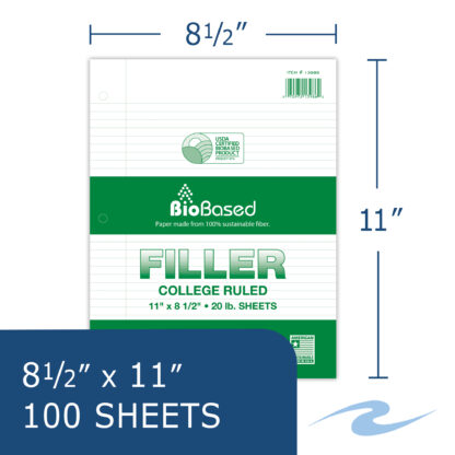 BioBased Recycled Loose Leaf Filler Paper, USDA Certified, 11" x 8.5", 100 Sheets, College Ruled, White Paper