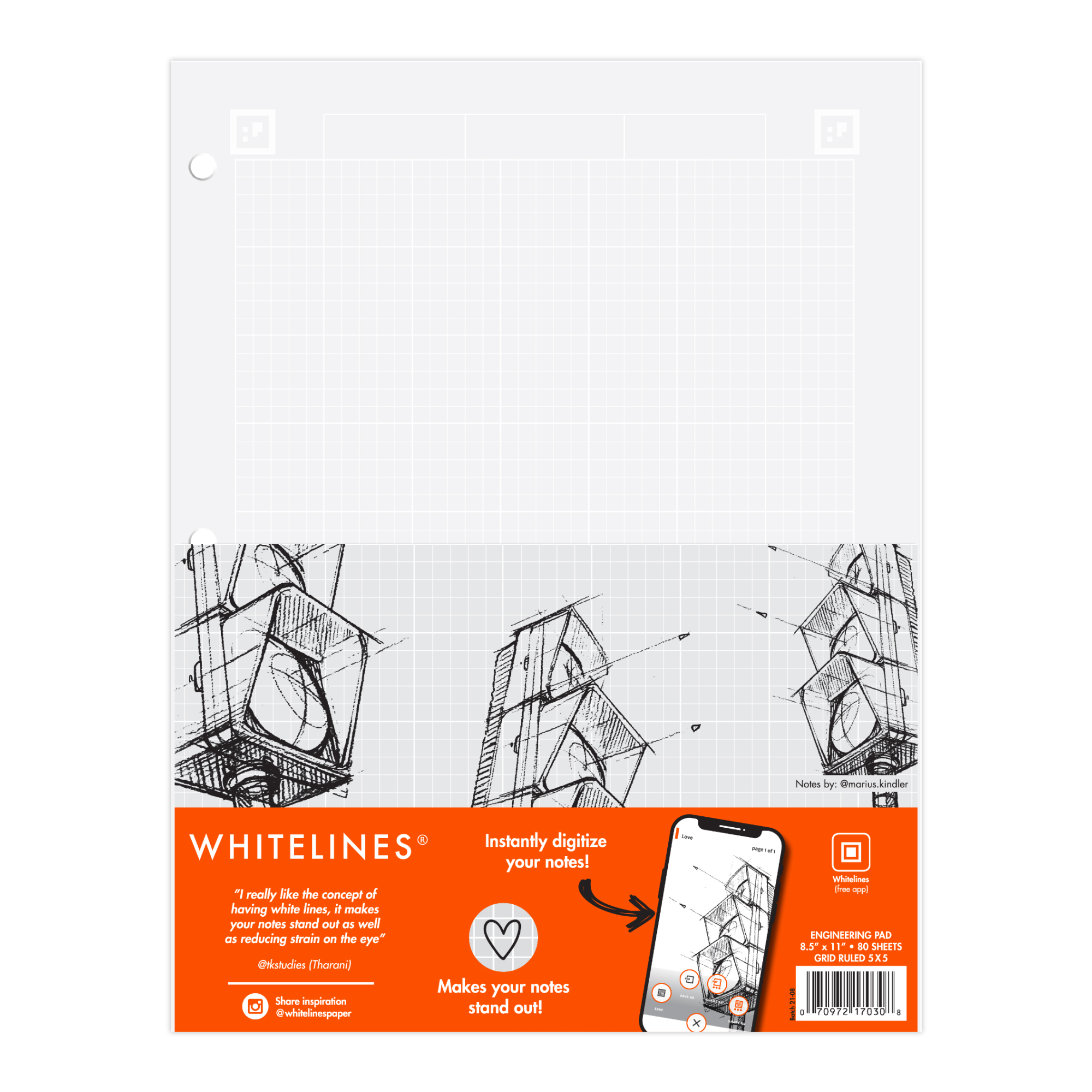 Whitelines® Engineering Pad with Premium Gray Paper with White Frame Front Grid on Both Sides, 11" x 8.5", 80 Sheets - Paper that works with your phone!