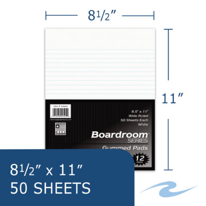 Boardroom Series Legal Pads, Wide Ruled, Gummed Glue Top, 8.5" x 11.75", 50 Sheets, White Paper, Pack of 12