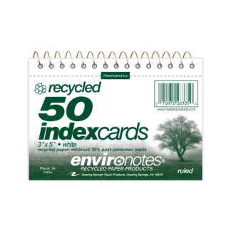 Environotes® Recycled Index Cards, Wirebound, Perforated, Narrow Ruled, 5" x 3.5", 50 Cards, White