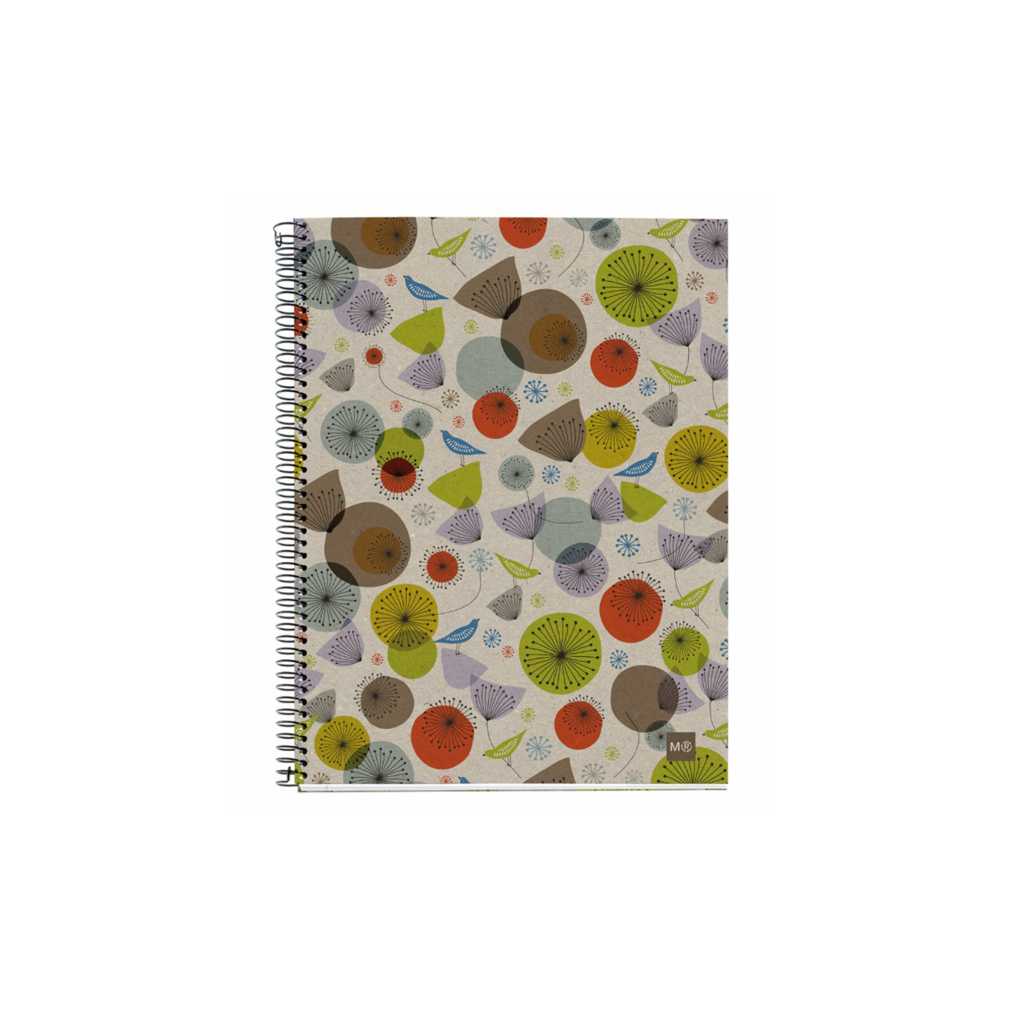 M® MiquelRius Recycled Collection, Lined 4 Subject Notebook, A5 (8.27" x 5.83"), Cardboard Cover - Eco Birds