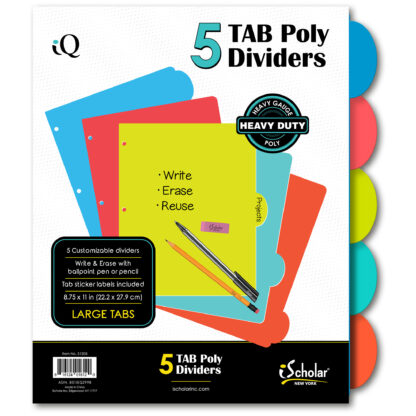 iScholar® iQ 5 Tab Poly Dividers, 11" x 8.5", Assorted Colors