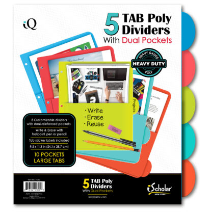 iScholar® iQ 5 Tab Poly Dividers With Dual Pockets, 11" x 8.5", Assorted Colors