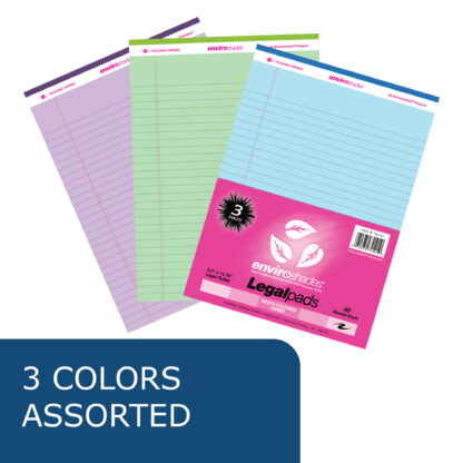 Enviroshades® Recycled Legal Pads, Legal Ruled, 8.5" x 11.75", 40 Sheets, Assorted Colors, Pack of 3