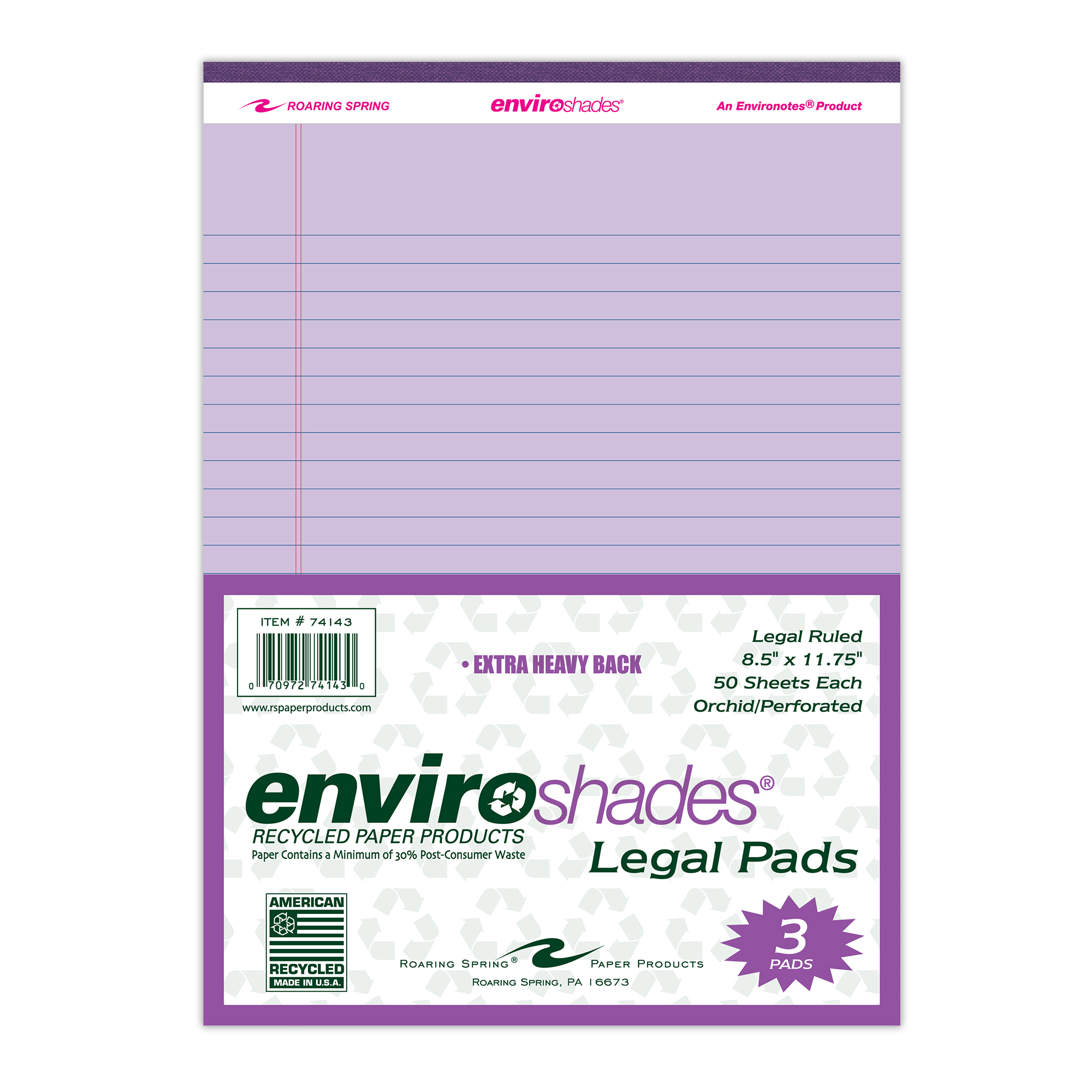 Enviroshades® Recycled Legal Pads, Legal Ruled, 8.5" x 11.75", 50 Sheets, Orchid, Pack of 3