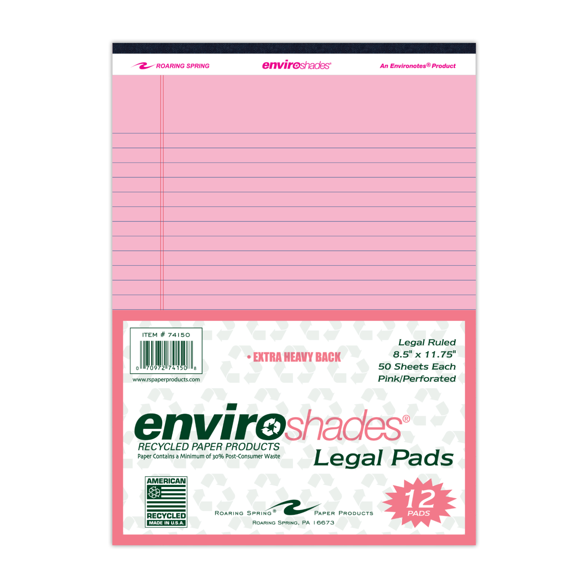 Enviroshades® Recycled Legal Pads, Legal Ruled, 8.5" x 11.75", 50 Sheets, Pink, Pack of 12