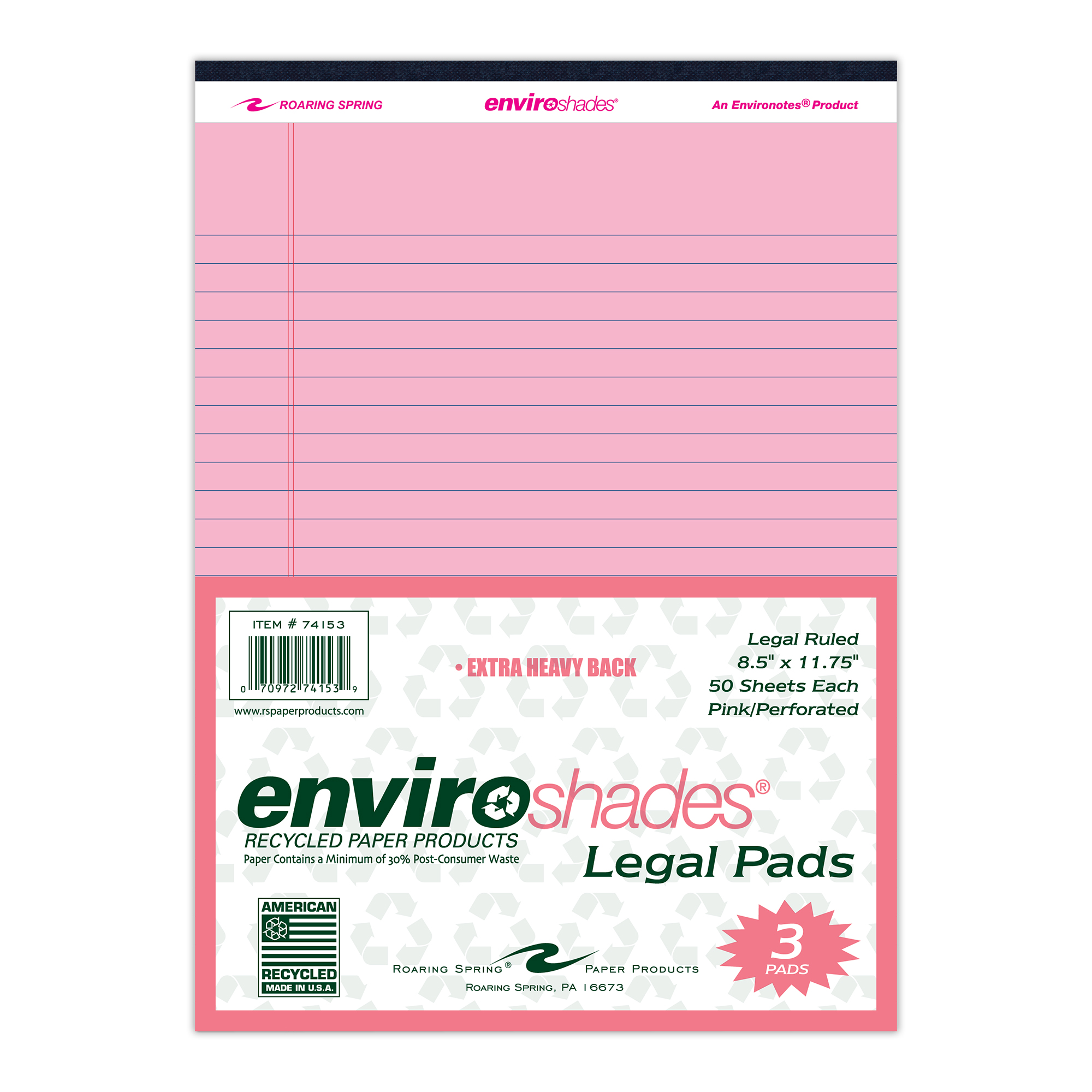 Enviroshades® Recycled Legal Pads, Legal Ruled, 8.5" x 11.75", 50 Sheets, Pink, Pack of 3