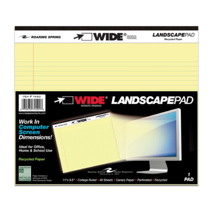 Wide® Recycled Landscape Legal Pads, College Ruled with Margin, 11" x 9.5", 40 Sheets, Canary