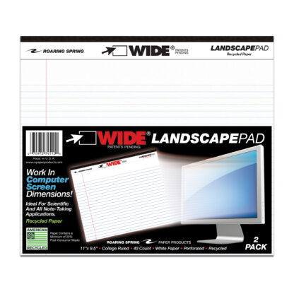 Wide® Recycled Landscape Legal Pads, College Ruled with Margin, 11" x 9.5", 40 Sheets, White, Pack of 2