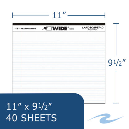 Wide® Recycled Landscape Legal Pads, College Ruled with Margin, 11" x 9.5", 40 Sheets, White, Pack of 2