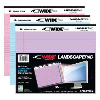 Wide® Recycled Landscape Legal Pads, College Ruled with Margin, 11" x 9.5", 40 Sheets, Assorted Colors, Pack of 3