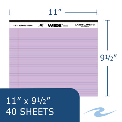 Wide® Recycled Landscape Legal Pads, College Ruled with Margin, 11" x 9.5", 40 Sheets, Assorted Colors, Pack of 3