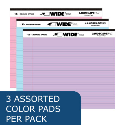 Wide® Recycled Landscape Legal Pads, College Ruled with Margin, 11" x 9.5", 40 Sheets, Assorted Colors, Pack of 3