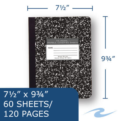 Hard Cover Composition Book, Wide Ruled, 9.75" x 7.5" , 60 Sheets/120 Pages, Black Marble Cover