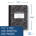 Hard Cover Composition Book. Wide Ruled, 9.75" x 7.5", 100 Sheets/200 Pages, Black Marble Cover