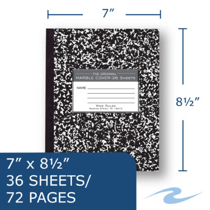 Flexible Cover Composition Book, Wide Ruled, 8.5" x 7", 36 Sheets/72 Pages, Black Marble Cover