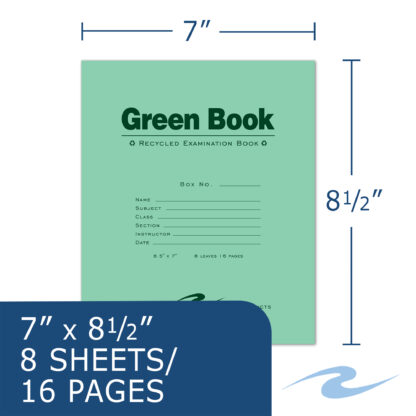 Recycled Exam Book, Wide Ruled with Margin, 8.5" x 7", 8 Sheets/16 Pages, Green Cover